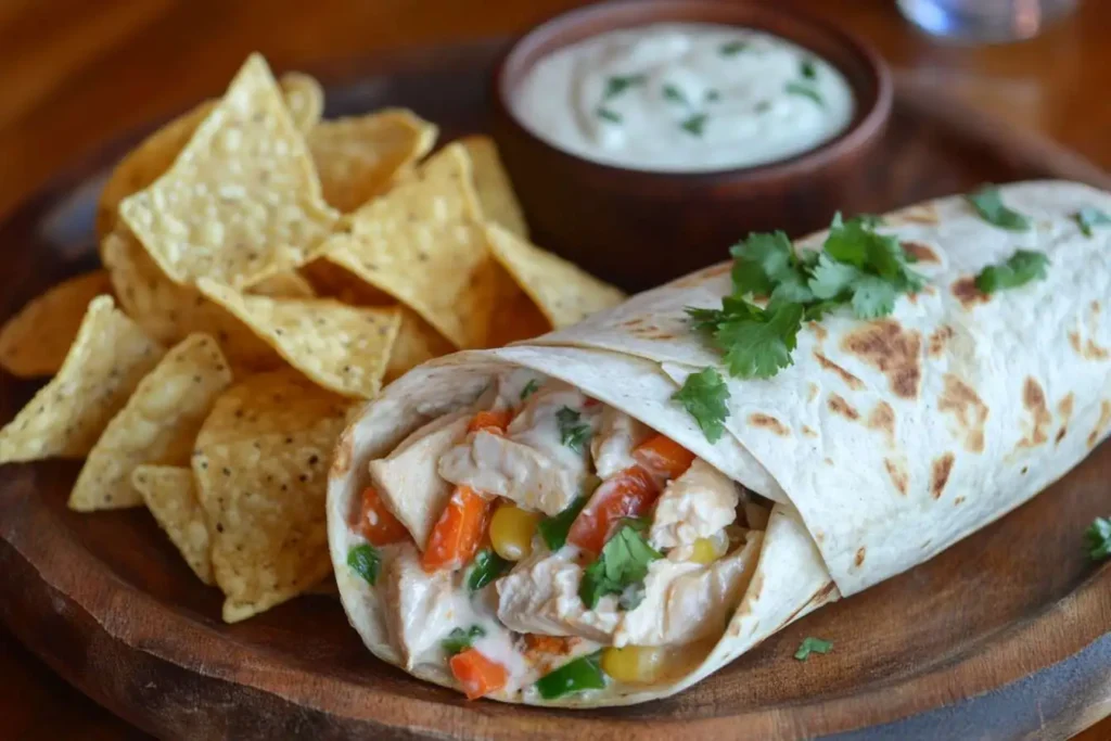 A plated Southwest Chicken Wrap with dipping sauce.