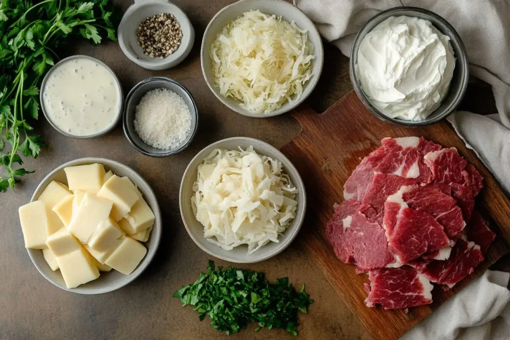 Ingredients for making Reuben Dip Crock Pot recipe.