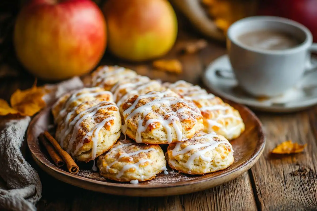 Warm, flaky apple pie biscuits with cinnamon glaze.