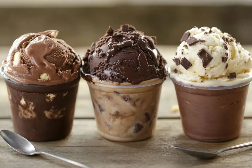 Three pints of Ben & Jerry’s ice cream – Boston Cream Pie, Chocolate Fudge Brownie, and Half Baked – side by side.