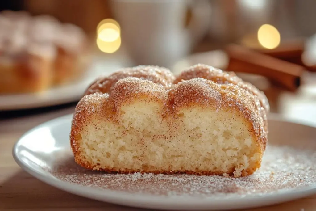 A close-up of a sliced Cinnamon Donut Bread with a sugar topping.