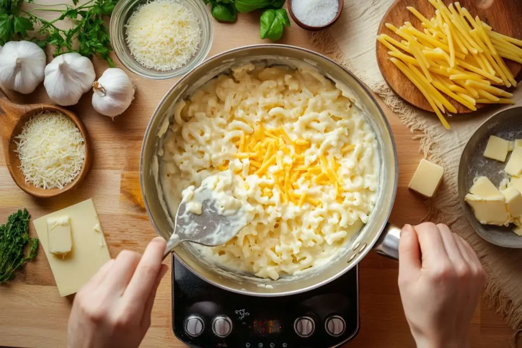 A chef making homemade white cheddar mac and cheese.