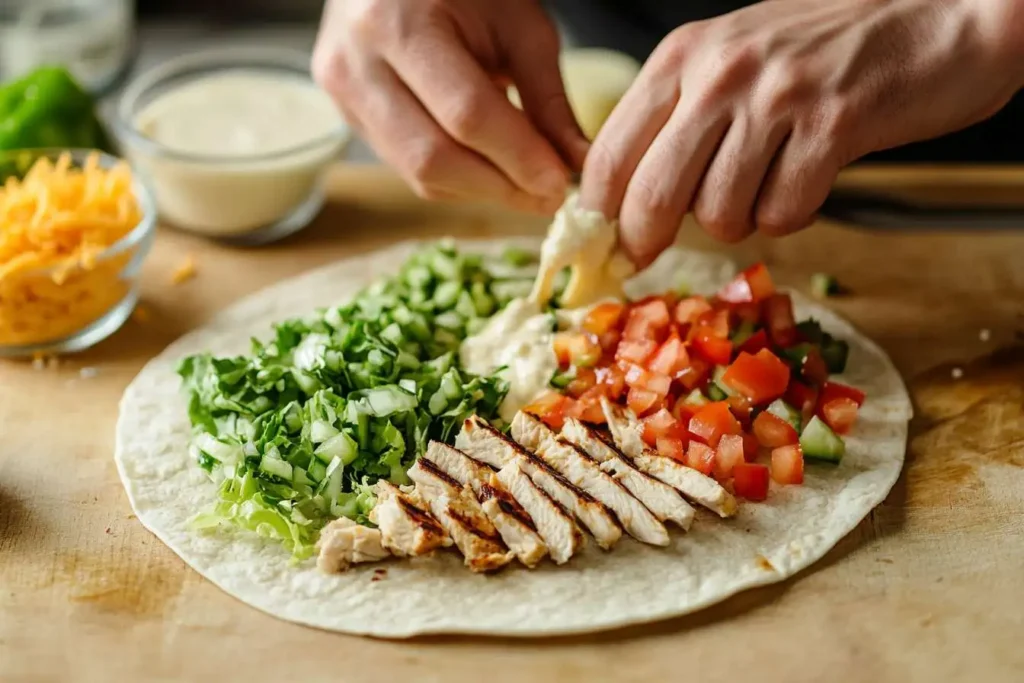 Chef preparing a Southwest Chicken Wrap with fresh ingredients.