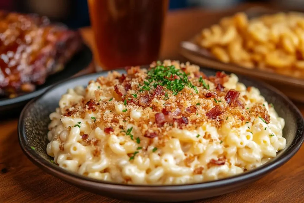 A plate of white cheddar mac and cheese with bacon topping.