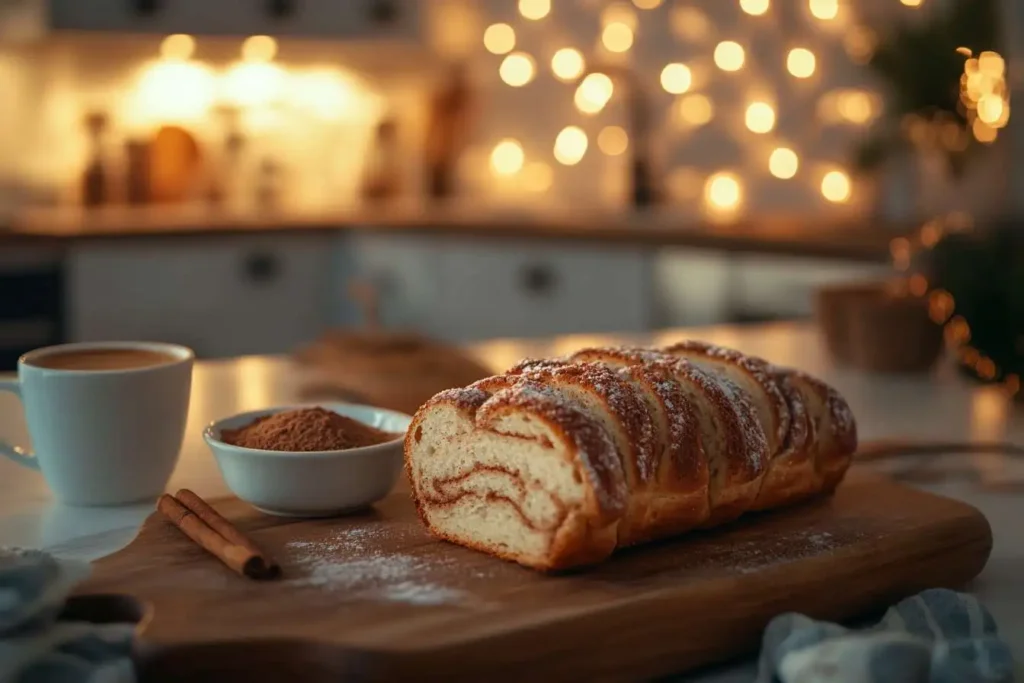 Sliced Cinnamon Donut Bread served with coffee and cinnamon sugar.