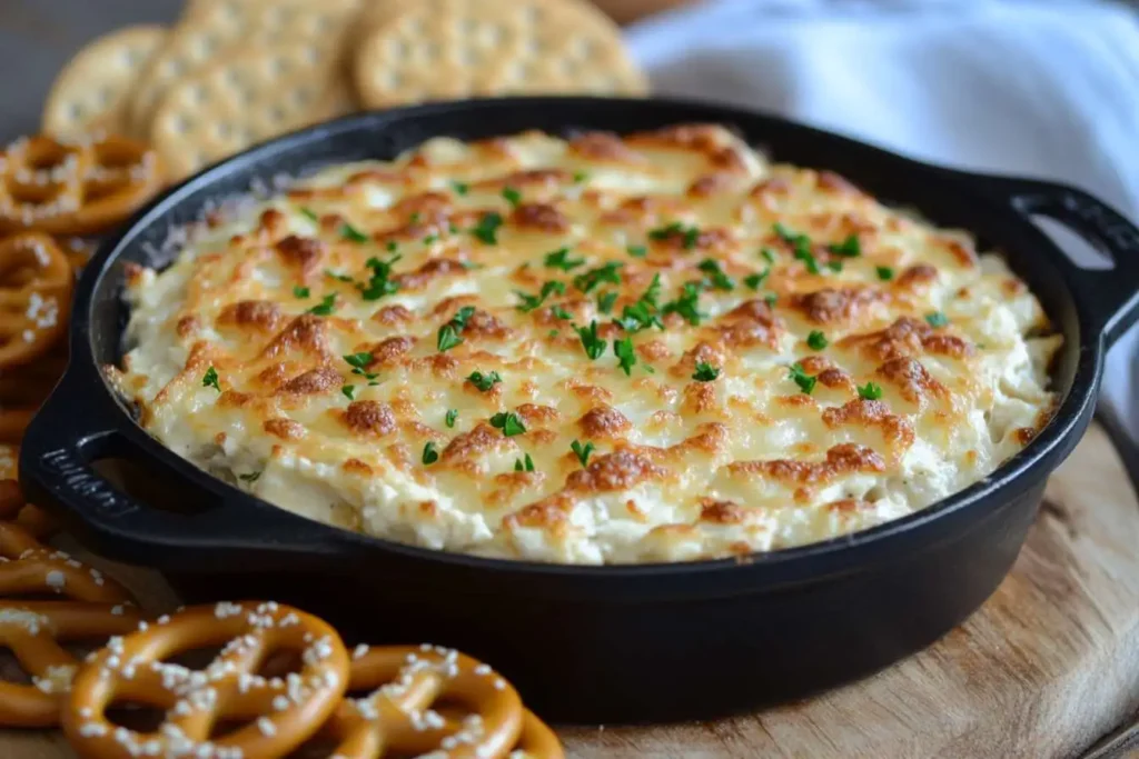 Hot Reuben Dip served with crackers and rye bread.