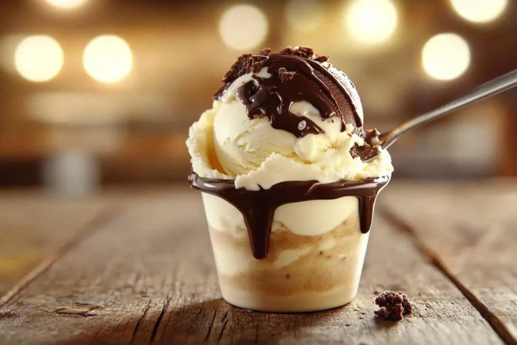 An open pint of Ben & Jerry’s Boston Cream Pie ice cream on a wooden table.