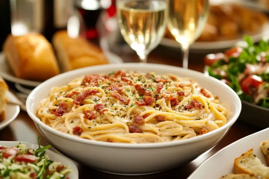 A dinner table with a large serving of creamy bacon spaghetti.