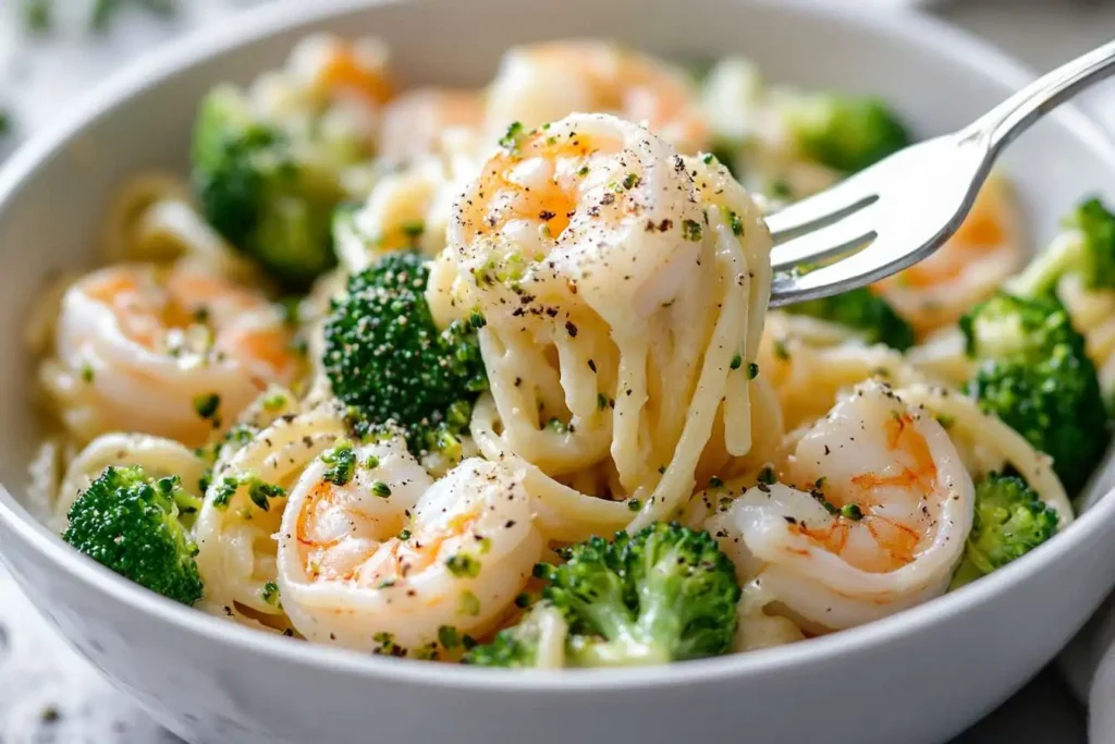 A close-up of creamy shrimp and broccoli pasta, garnished with Parmesan.