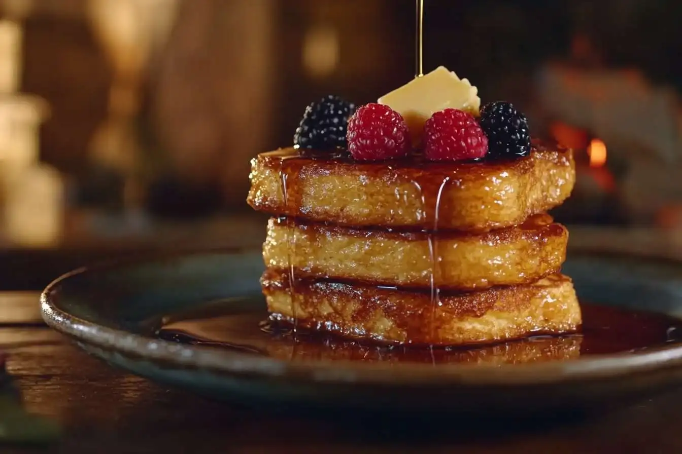 Crispy sourdough French toast with maple syrup and berries