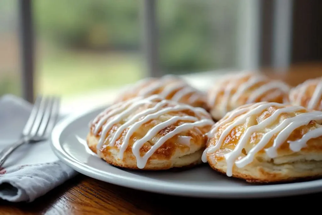 Freshly baked apple pie biscuits with glaze.