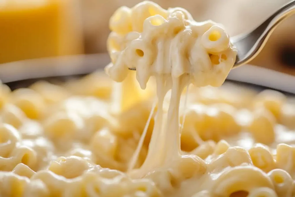 A fork lifting a cheesy bite of mac and cheese.